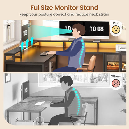 L Shaped Gaming Desk with 4 Drawers, 109” Computer Desk with Display Cabinet, Home Office Desks with 2 Monitor Stands, CPU Stand, LED Lights and Power Outlet, Black