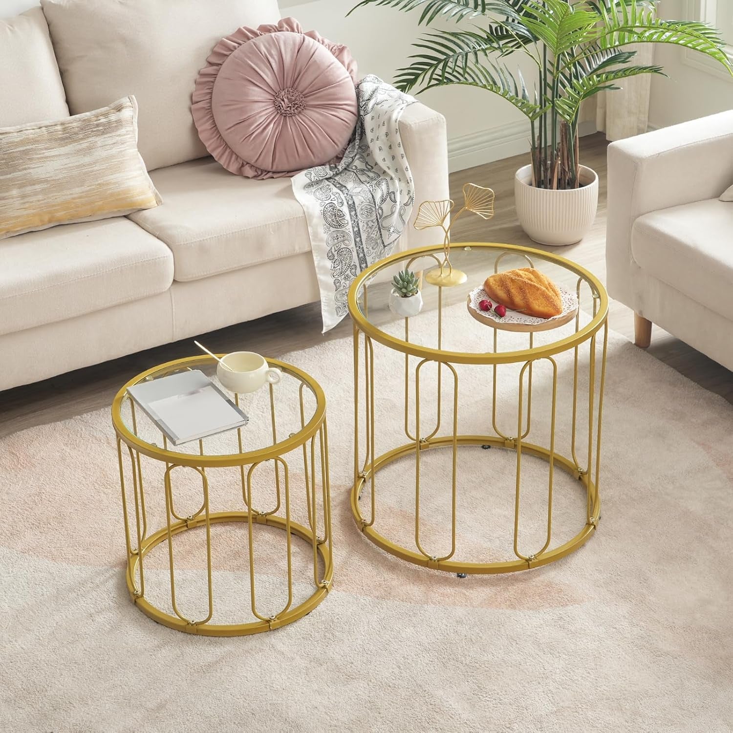 Small Coffee Table Set of 2, Gold Accent End Tables with Metal Frame, round Coffee Side Table with Tempered Glass Tabletop, for Living Room, Bedroom, Gold GD113BZ01