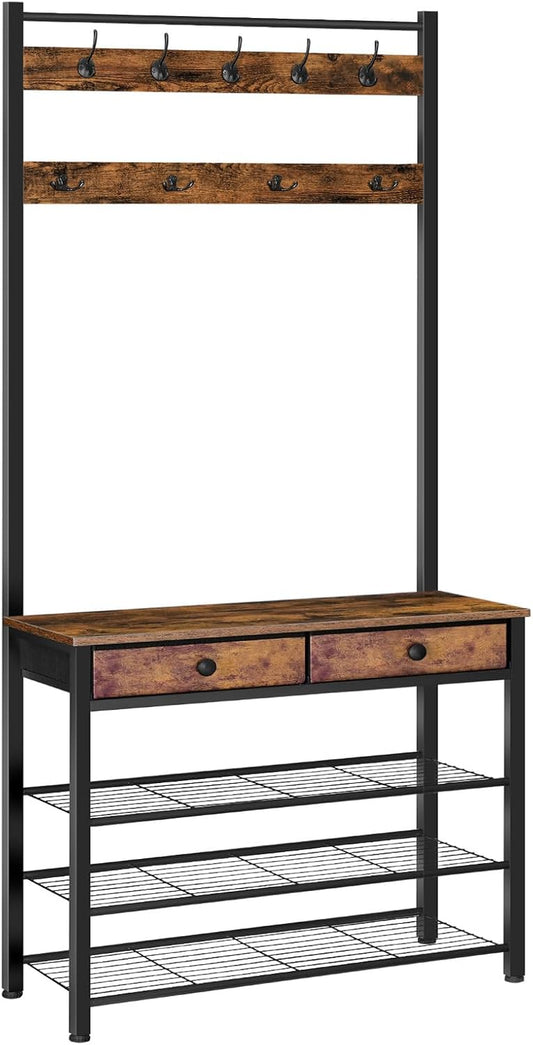 Hall Tree, Entryway Coat and Shoe Rack, 2 Fabric Drawers, Hall Tree with Bench, Shoe and Coat Rack, Coat Rack with Shoe Storage, 4 Tier Shoe Organizer, 9 Hooks, Rustic Brown and Black BF81MT01