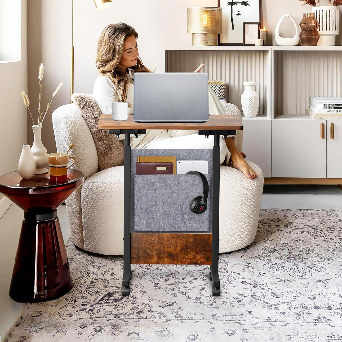 Height Adjustable Standing Desk with Storage Bag Widths16 in Length 24 In, Portable Rolling Mobile Stand up Table with Wheels, 360 Degree Flip Laptop Computer Desk for Home Office, Rustic Brown