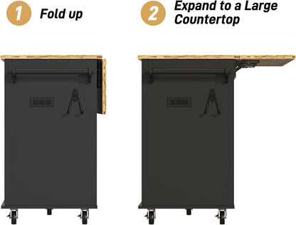 59" W Rolling Kitchen Island with Drop Leaf, Movable Kitchen Carts on Wheels Island with Storage Cabinet&Charging Station, Island Table for Kitchen W/Rubber Wood Top, Rack, Hook, Drawers, Black