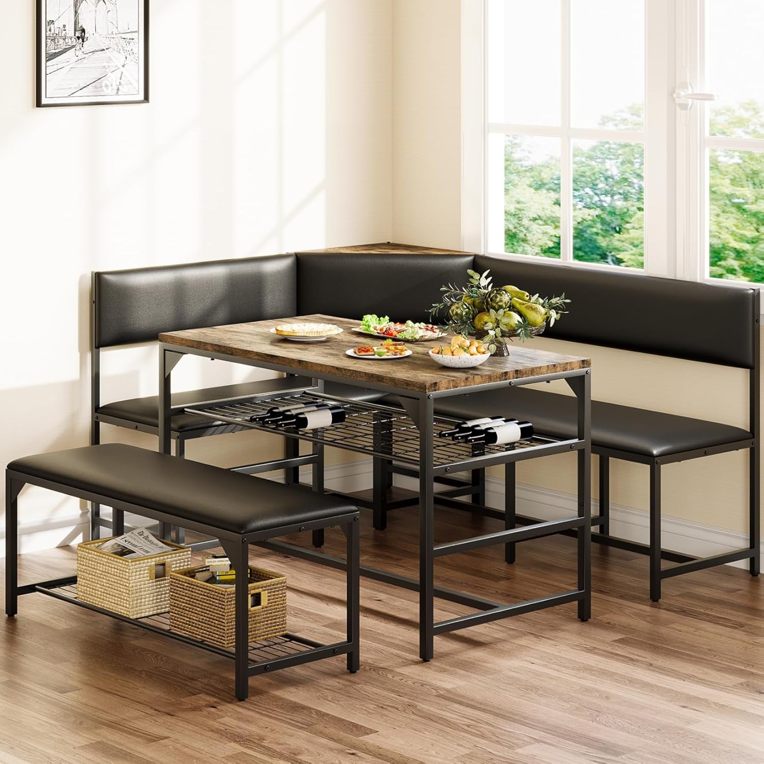 Kitchen Breakfast Nook Table Set with Soft Seat, Corner Dining Table Set for 4-6 People, Dining Room Sets for 4, Space Saving Kitchen Booth Seating with Table for Small Space, Coffee Brown