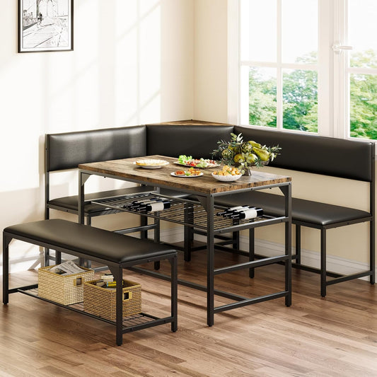 Kitchen Breakfast Nook Table Set with Soft Seat, Corner Dining Table Set for 4-6 People, Dining Room Sets for 4, Space Saving Kitchen Booth Seating with Table for Small Space, Coffee Brown