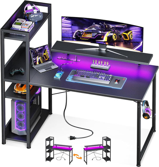 Reversible Gaming Desk with USB Charging Port and LED Lights, 40 Inch Computer Desk with Storage Shelves & Monitor Stand, Study Table for Home Office, Small Space Bedroom, Carbon Fiber Black