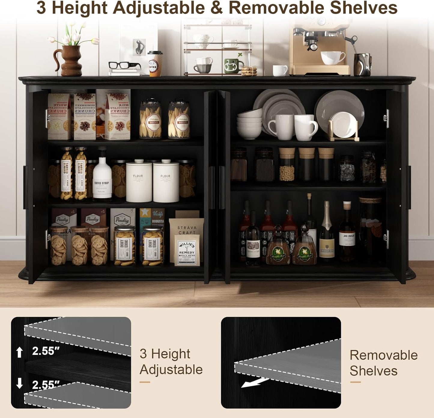 Fluted Sideboard Buffet Cabinet with Storage, 60" Modern Credenza with 4 Doors & Adjustable Shelves, Wood Coffee Bar Table for Living Room, Kitchen, Dining Room, Hallway, Black