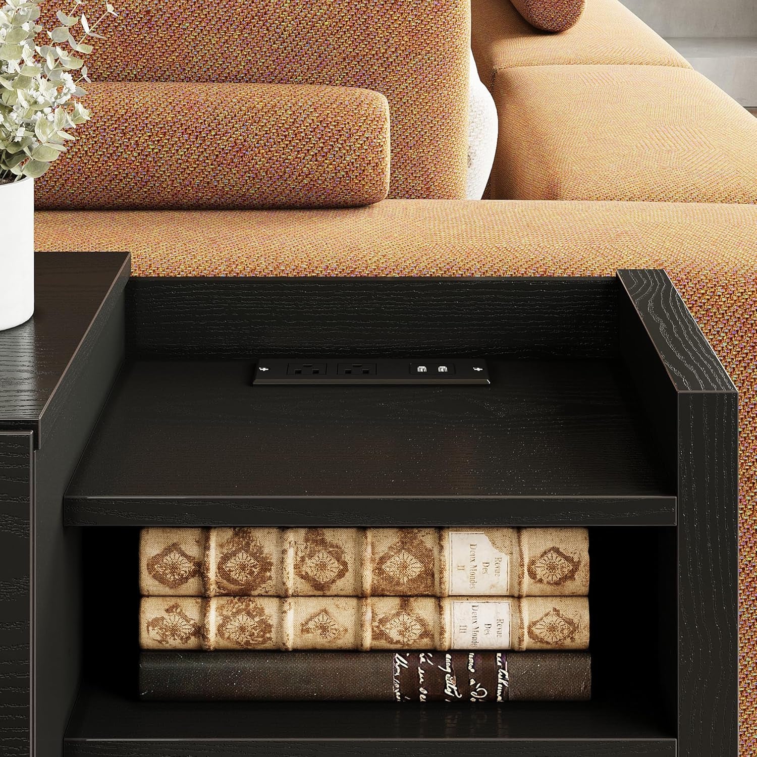 Black Night Stand with Shelves, Charging Station & LED, 2 Drawer Wooden Bedside Table Record Player Stand for Bedroom, Entryway, Large