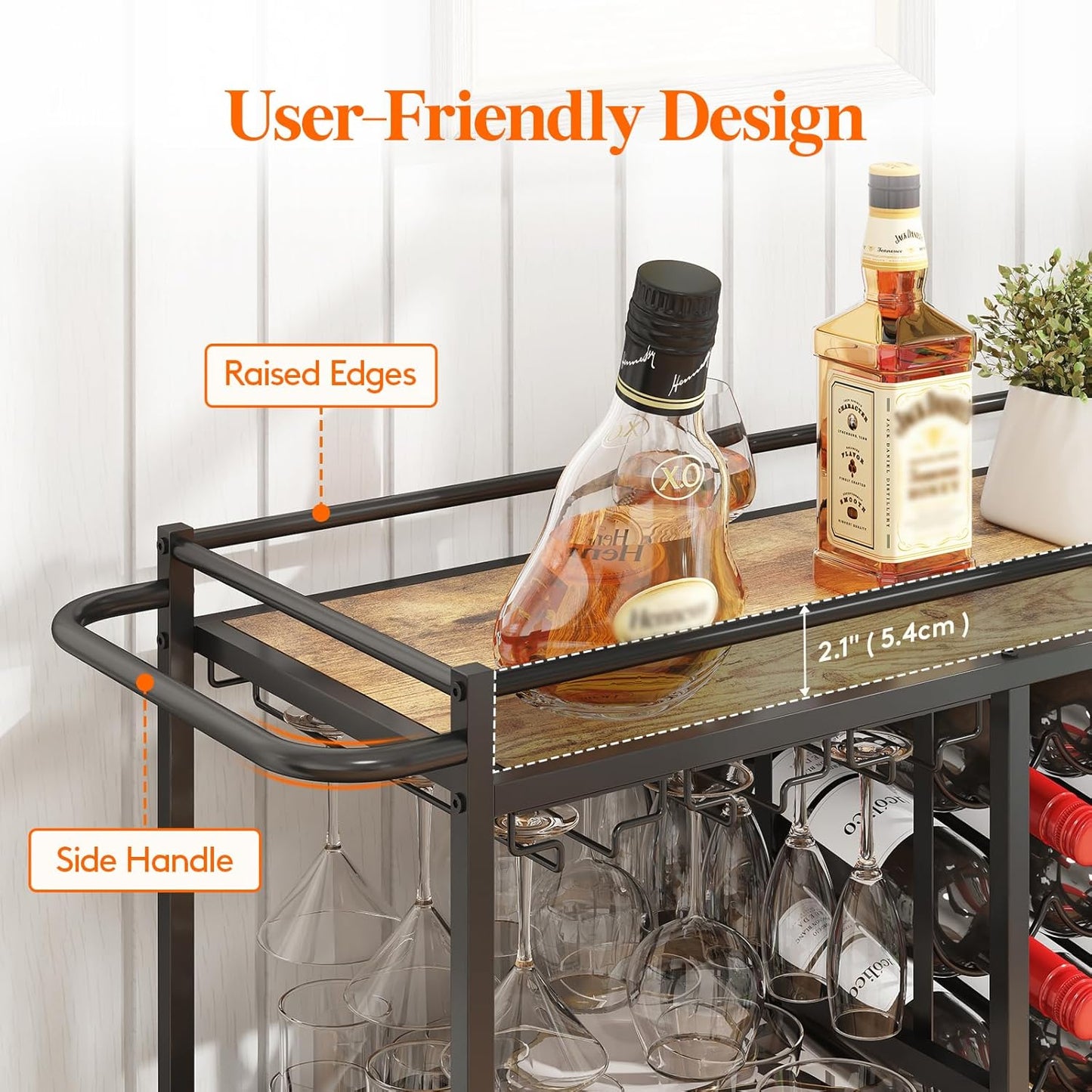 Bar Cart for the Home, 3 Tier Drink Cart with Lockable Wheels, 12 Wine Rack and 3 Rows Glass Holders, Liquor Serving Cart for Kitchen Dining Livingroom, 31.6" X 13.1" X 33.9", Rustic Brown