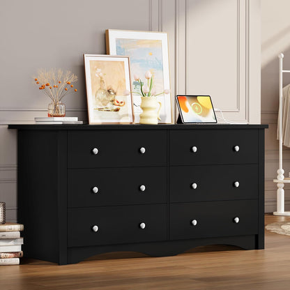 6 Drawer Dresser with Power Outlet, Modern Wooden Chest of Drawers, Multipurpose TV Stand & Closet for Bedroom, Living Room, Hallway (Black)