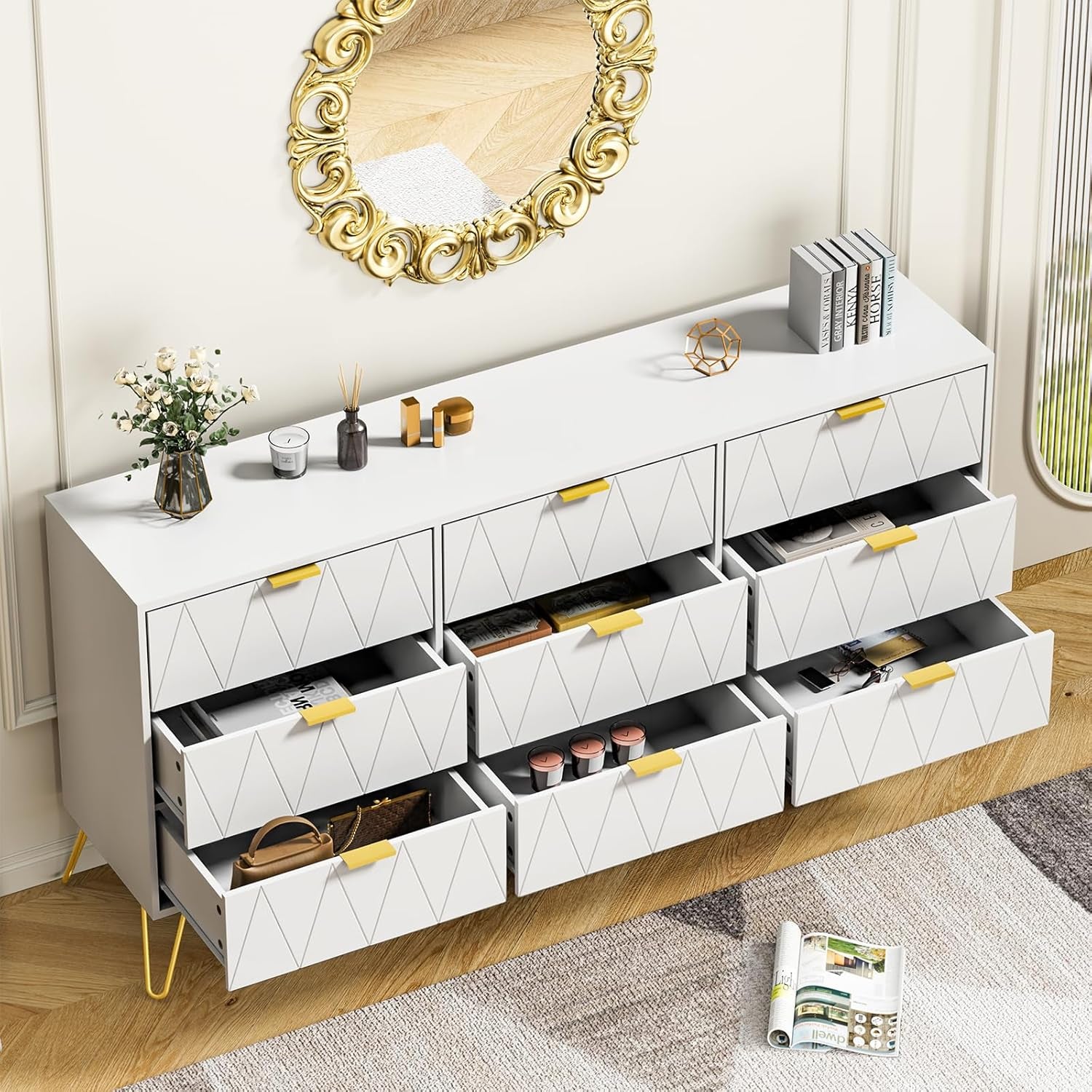 Modern Nightstands and 9 Drawer Dresser Sets Bedside Table Set Bedroom Set 3-Piece White