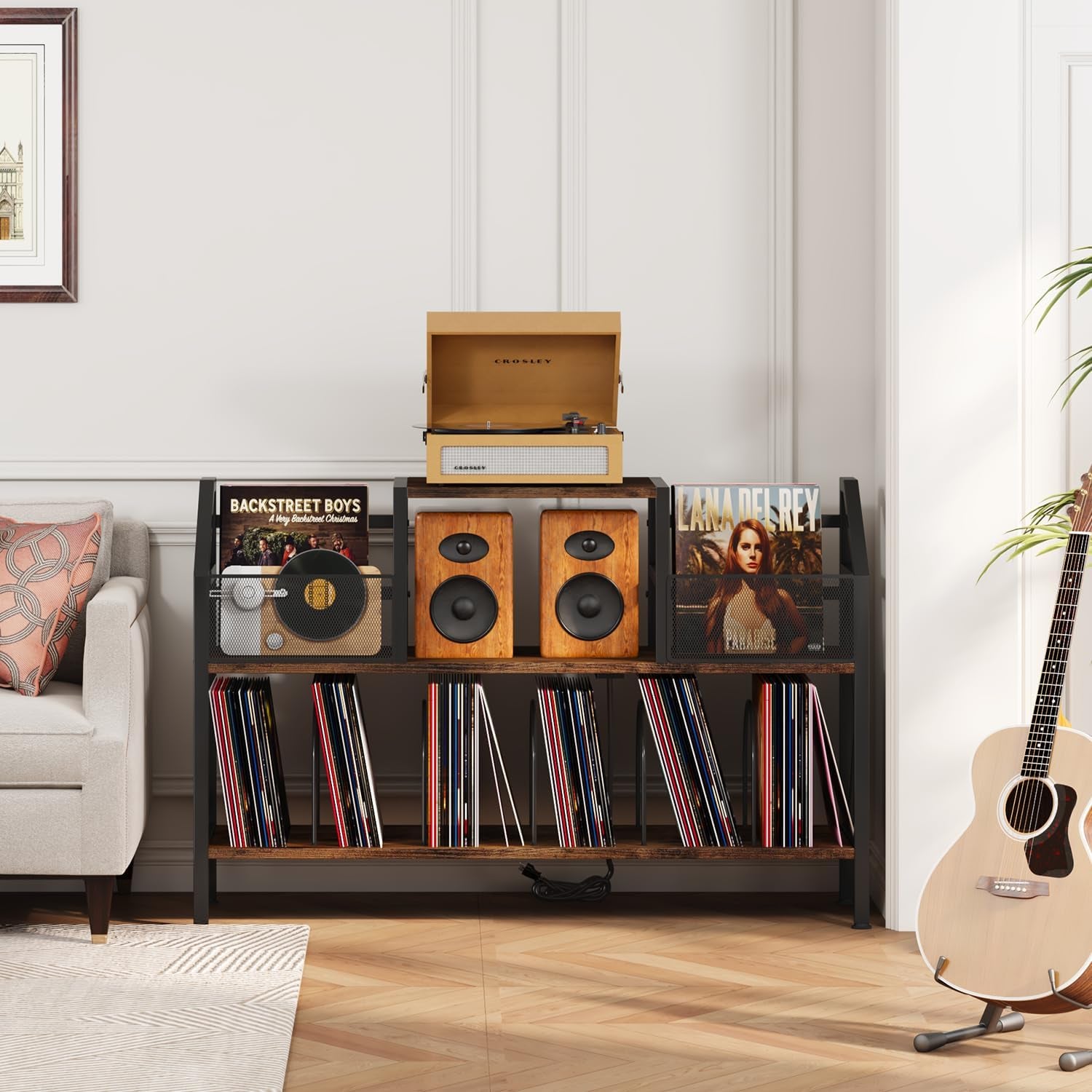 Record Player Stand Holds up to 500 Albums, Turntable Stand with Vinyl Record Player Storage Cabinet, Records Vinyl Albums Storage, Rustic Brown