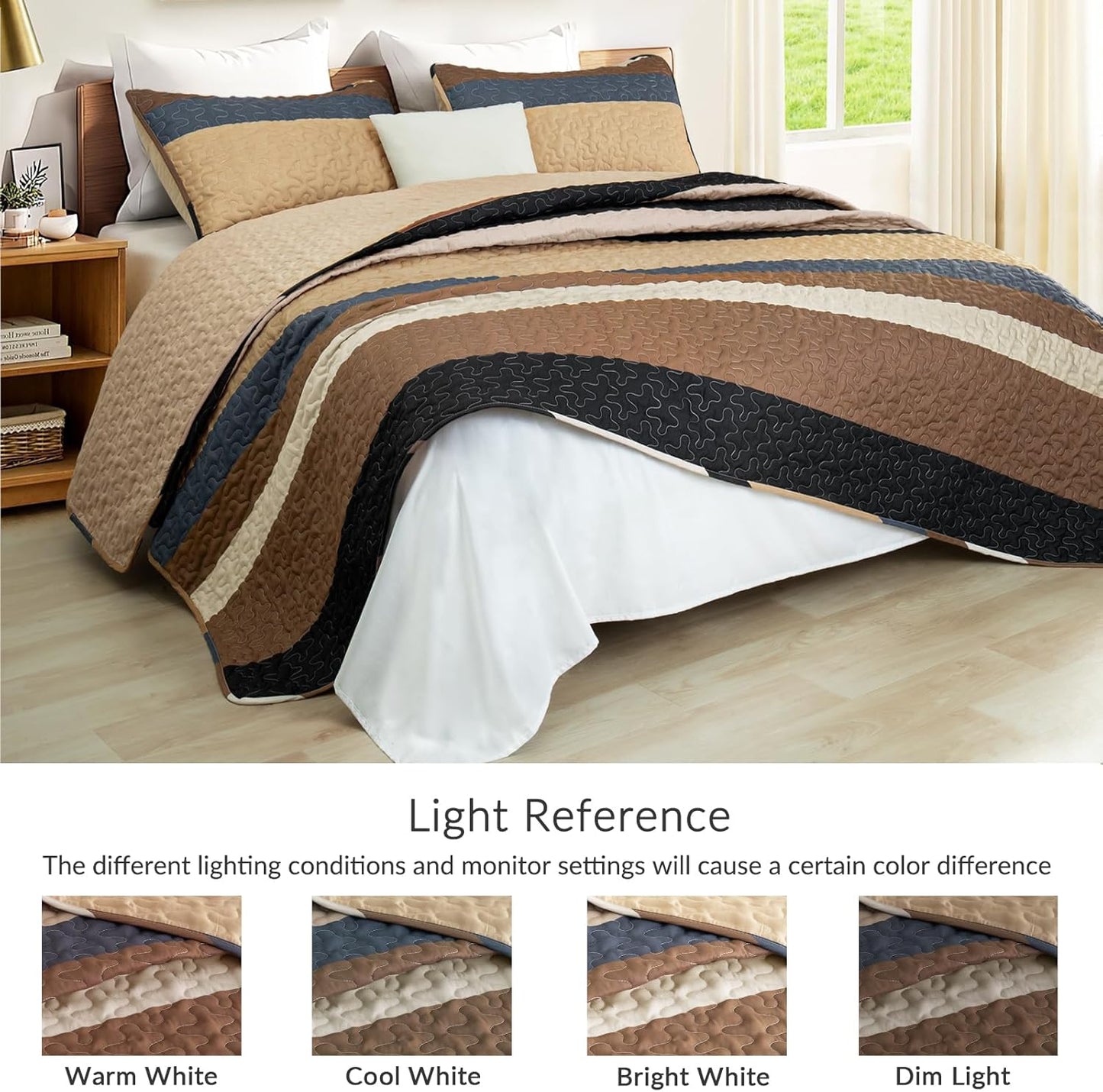 King Size Quilt Set - Reversible Camel Quilt King Size with 2 Pillow Shams, Lightweight Boho Striped Oversized Bedspreads Coverlet Bedding Set for All Seasons