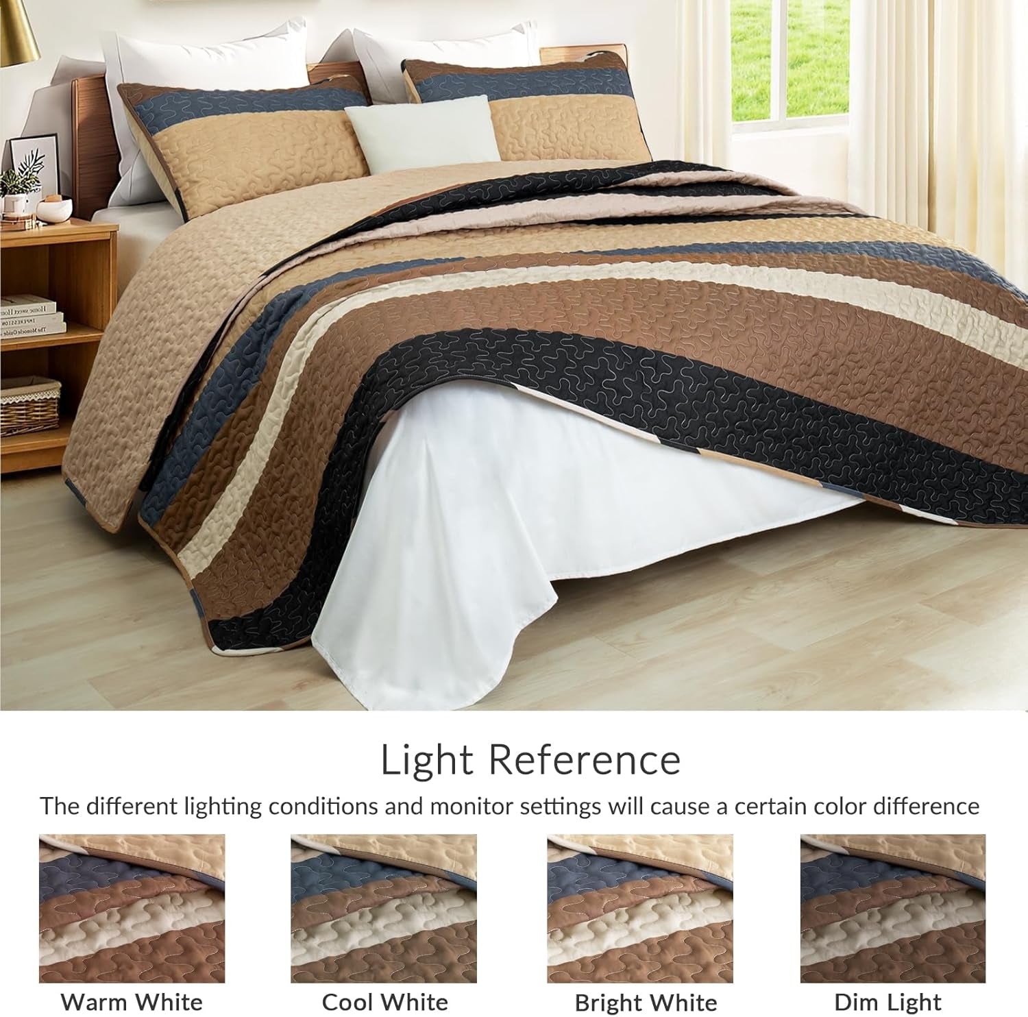 King Size Quilt Set - Reversible Camel Quilt King Size with 2 Pillow Shams, Lightweight Boho Striped Oversized Bedspreads Coverlet Bedding Set for All Seasons