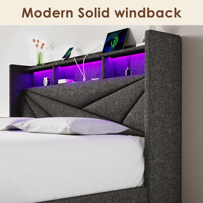 LED King Size Bed Frame with 2 Storage Drawers, Upholstered King Bed Frame with Headboard and Charging Station, No Box Spring Needed, Easy to Assembly-Dark Grey