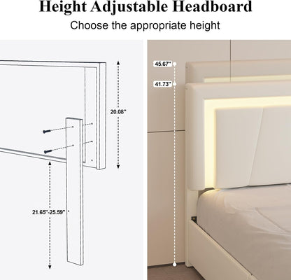 Full Size Bed Frame with 4 Storage Drawers and LED Lights, Upholstered Platform Bed with Adjustable Headboard and Charging Station, Metal Slats Support, No Box Spring Needed,Easy Assembly, White