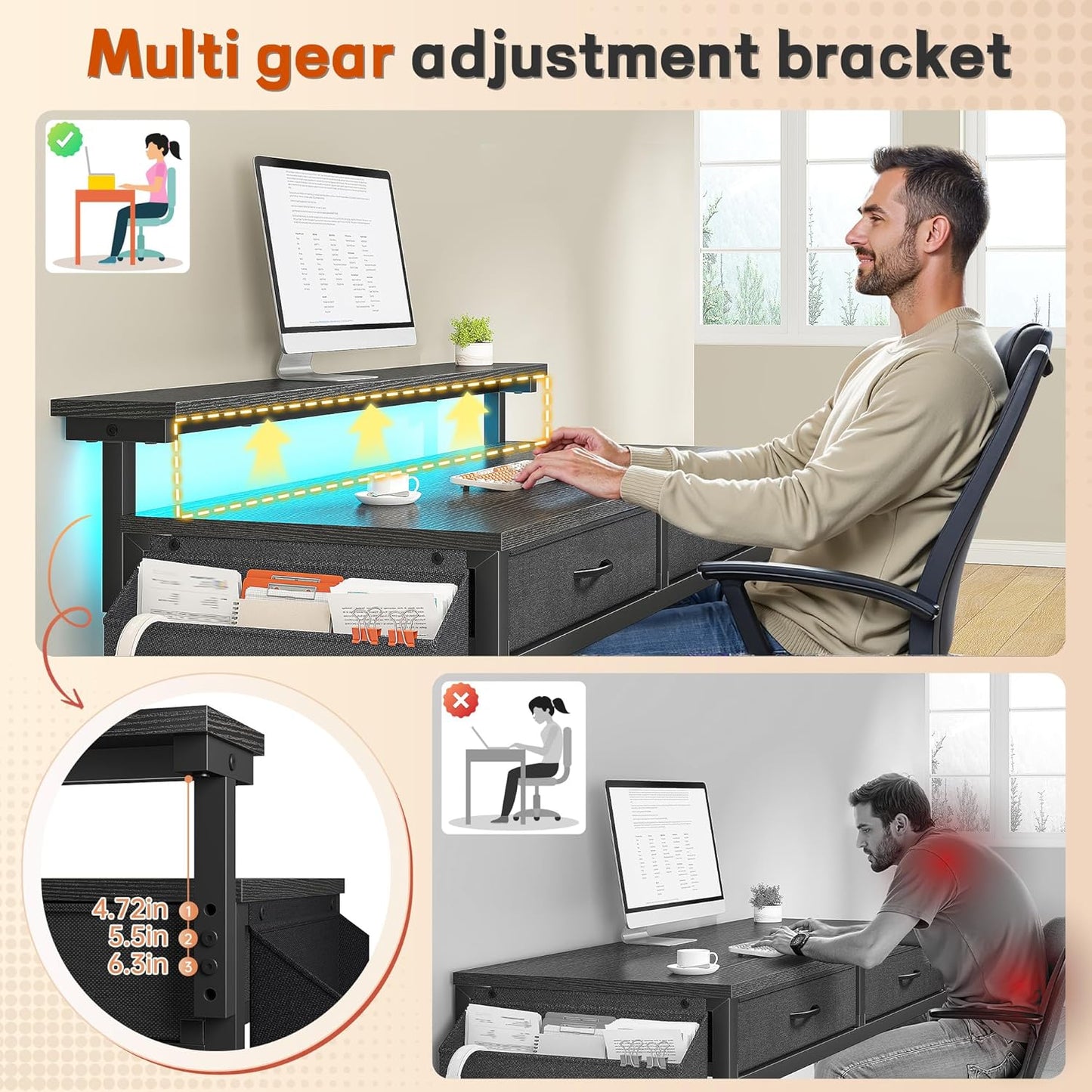 Gaming Desk with LED Lights & 2 Fabric Drawers, 39.4Inch Home Office Computer Desk with Side Pocket & Ergonomic Monitor Stand, Small Space Study Writing Table with Anti-Tip Design,Black