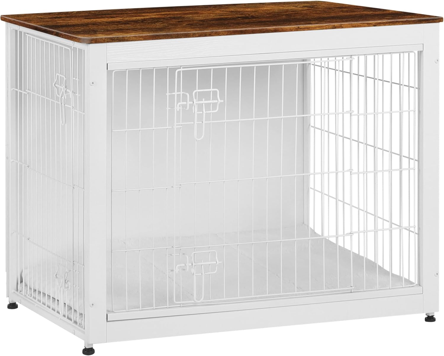 Dog Crate Furniture with Cushion, Wooden Kennel Table with Double Doors, Indoor Dog House, Large Size, 38.5" L, White+Rustic Brown
