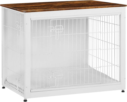 Dog Crate Furniture with Cushion, Wooden Kennel Table with Double Doors, Indoor Dog House, Large Size, 38.5" L, White+Rustic Brown