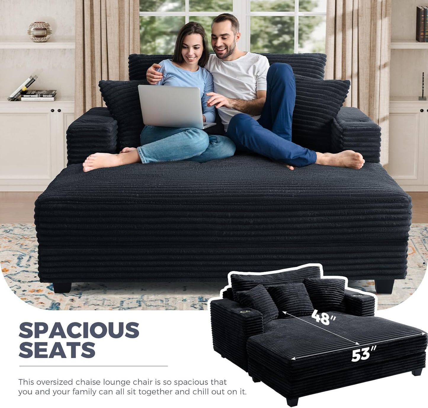 60'' Oversized Chaise Lounge Chair, Upholstered Sofa Bed, Sleeper Couch Reading Chairs with USB Port and Cup Holders,Comfy Cloud Sofas Couches for Living Room,Black