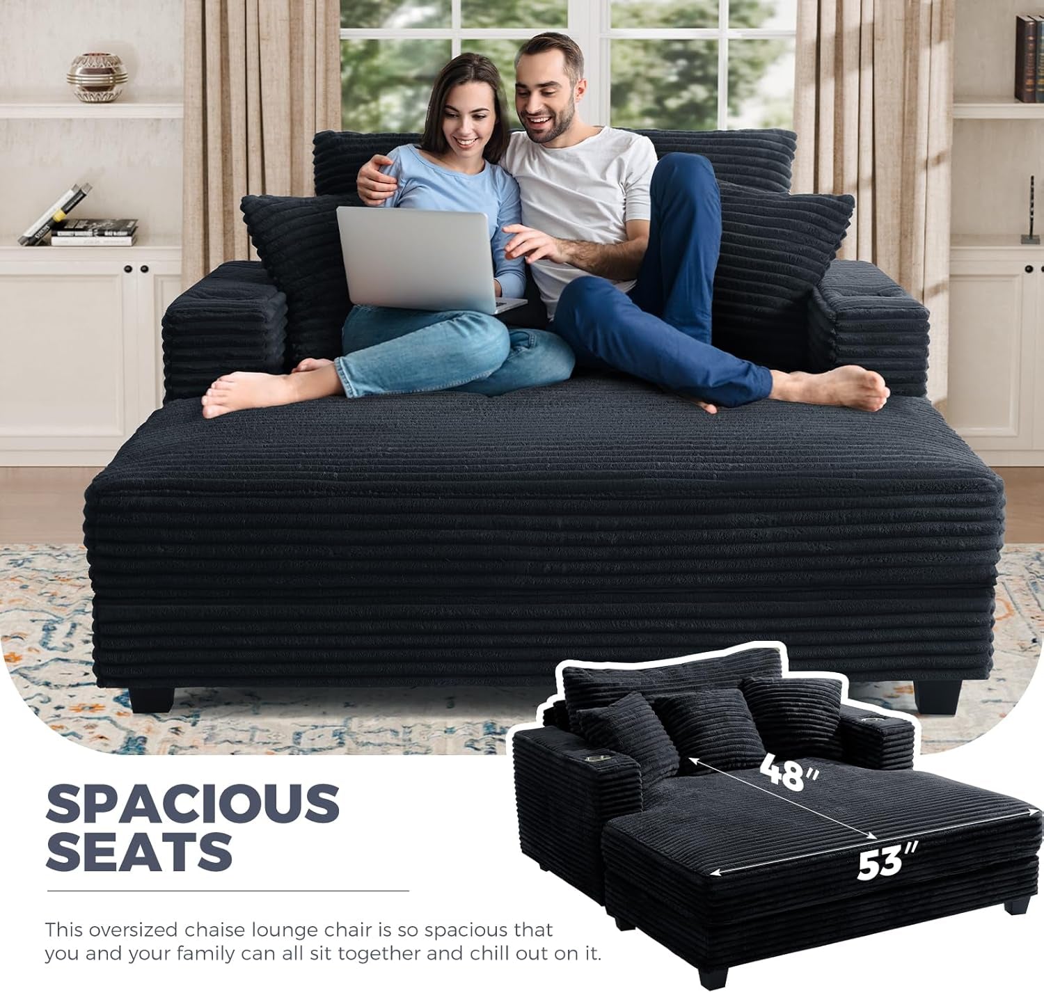 60'' Oversized Chaise Lounge Chair, Upholstered Sofa Bed, Sleeper Couch Reading Chairs with USB Port and Cup Holders,Comfy Cloud Sofas Couches for Living Room,Black