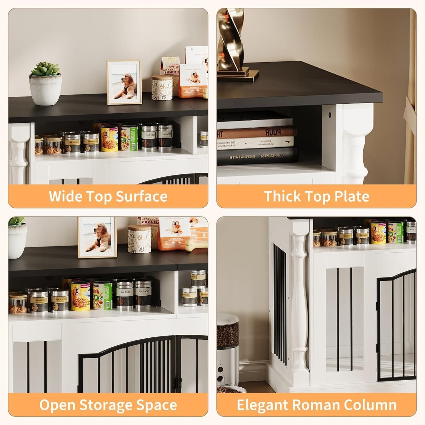 63" Large Dog Crate Furniture for Small & Medium Dogs, Roman Column Kennel Furniture with Semi-Open Storage, TV Stand Dog Cage Table, Heavy Duty Indoor Dog Kennel, White+Black Top
