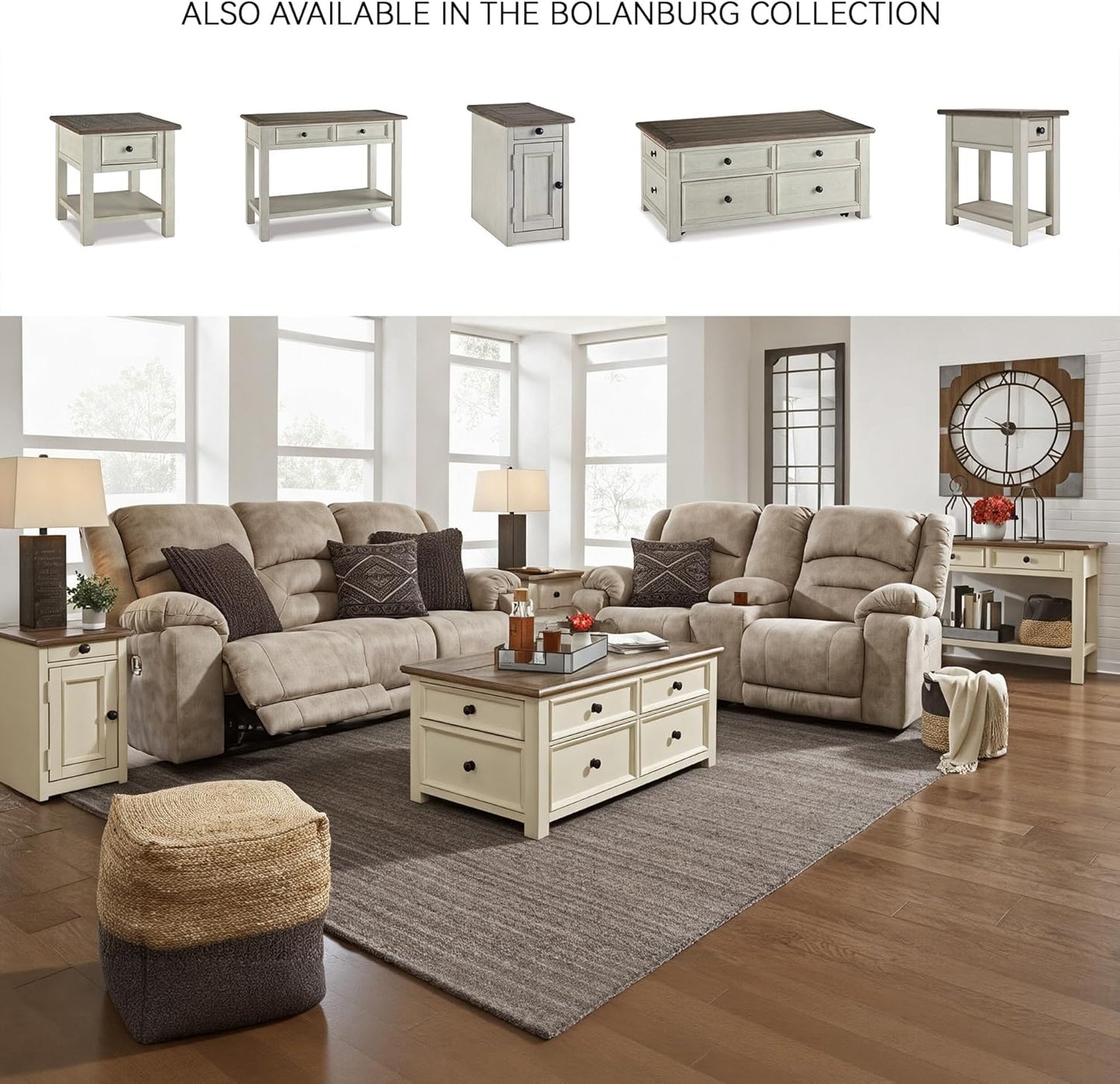 Bolanburg Chairside End Table with Charging Station, Two-Tone Wood Accent Table with Drawer Storage, Plank Top Design for Living Room or Bedroom, Antique White
