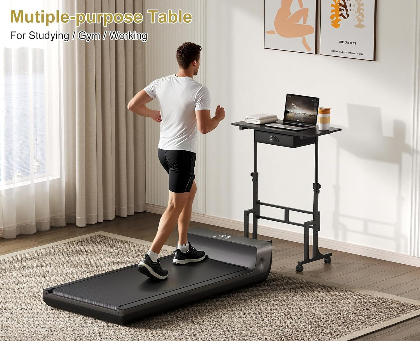 Adjustable Height Standing Desk with Drawer, Rolling Sit Stand up Desk with Wheels, Small Sit to Stand Computer Desk, Adjustable Desktop Height, on Wheels, Black, for Walking Pad Laptop Treadmill