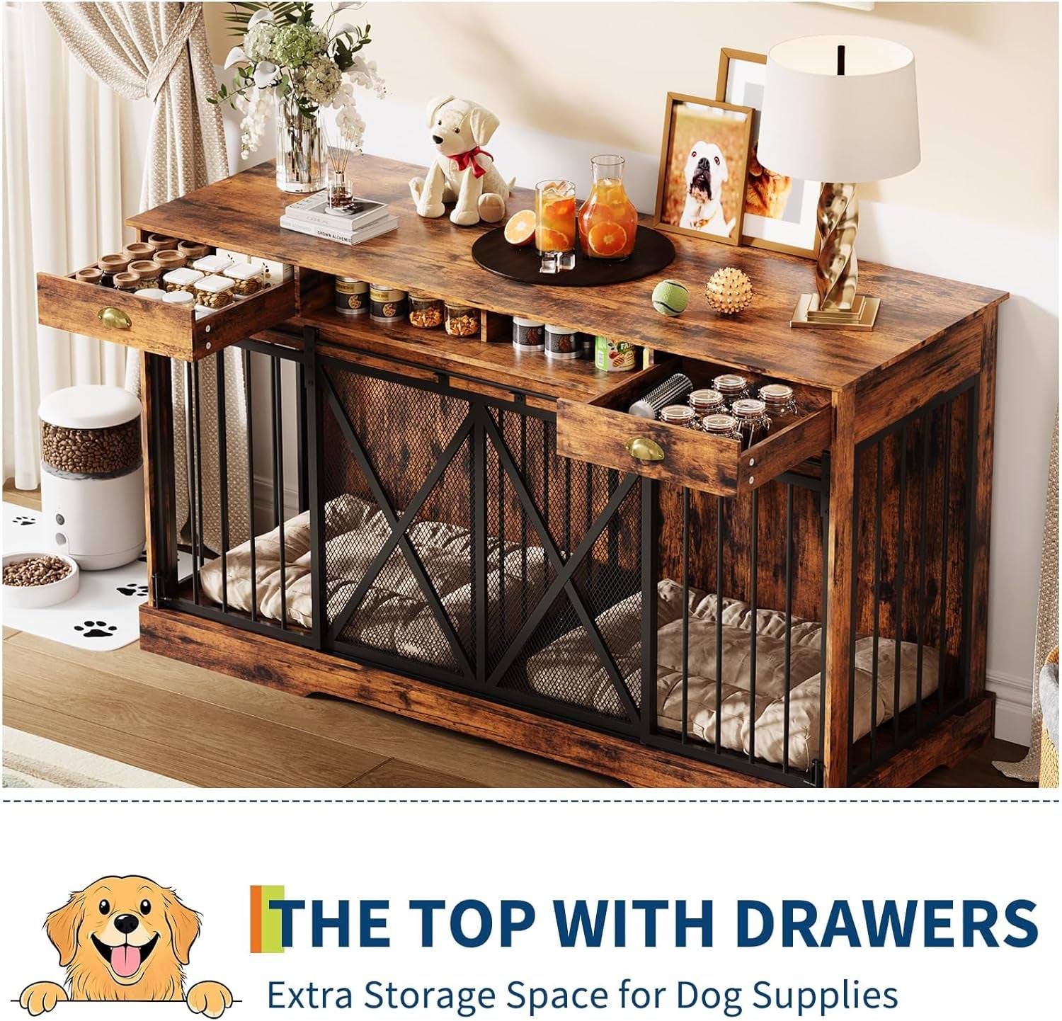 63" Large Dog Crate Furniture, Heavy Duty Indoor Dog Kennel with Removable Divider, Sliding Doors, 2 Drawers and Open Shelves, Decorative TV Stand, Rustic Brown