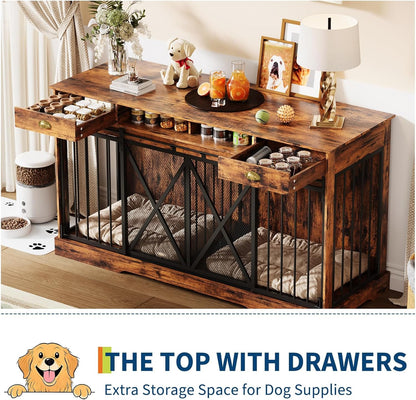 63" Large Dog Crate Furniture, Heavy Duty Indoor Dog Kennel with Removable Divider, Sliding Doors, 2 Drawers and Open Shelves, Decorative TV Stand, Rustic Brown