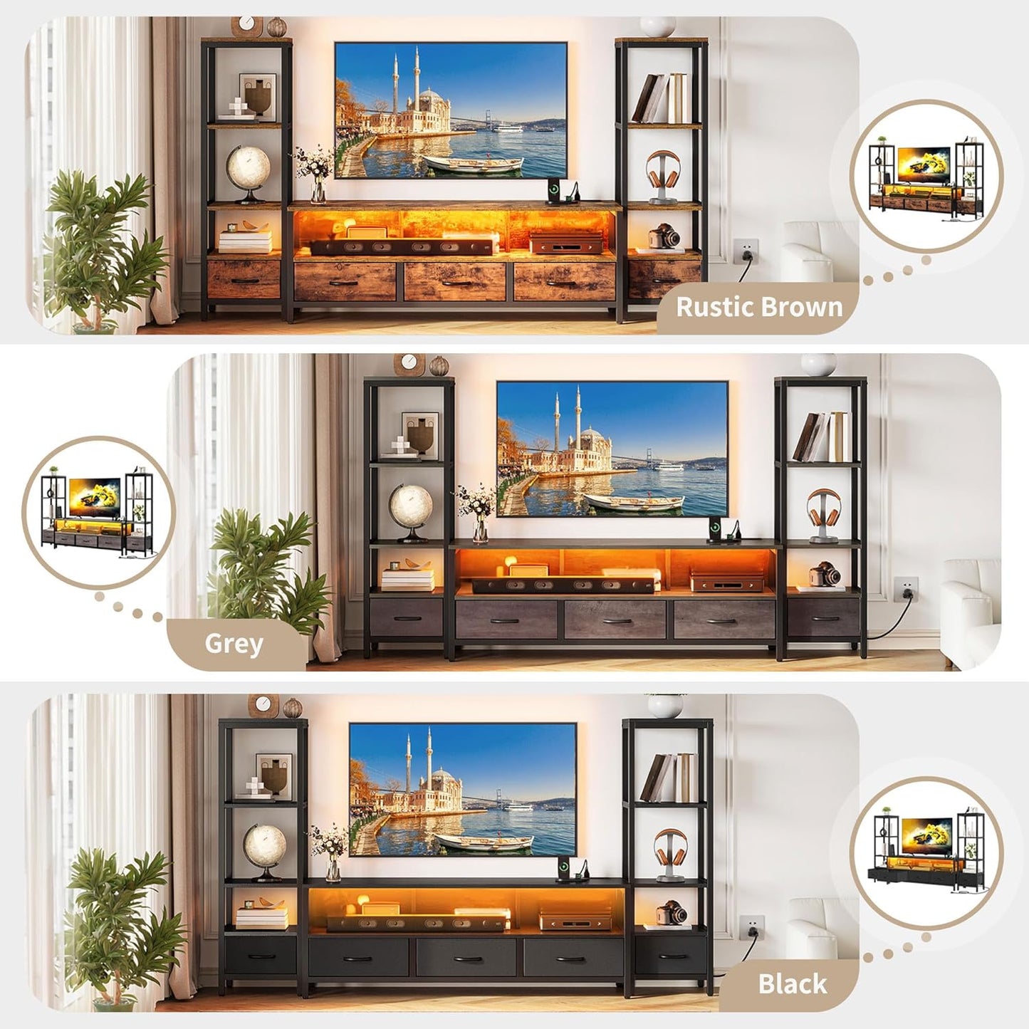 TV Stands for 65 Inch TV Entertainment Center with 2 Industrial 4-Tier Bookshelves, LED TV Stands for Living Room, Modern Farmhouse TV Console Cabinet with Power Outlets, Rustic Brown