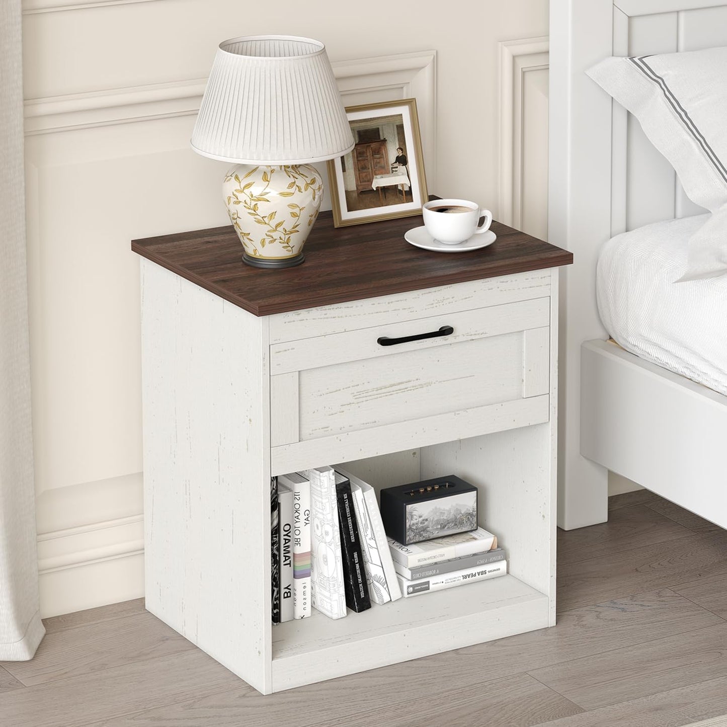 Farmhouse Nightstands Set of 2, Bedroom Night Stand with 1 Drawers, Wooden Bedside Tables 15.6" D X 18.7" W X 21.26" H, White and Brown Wood Grain Finish