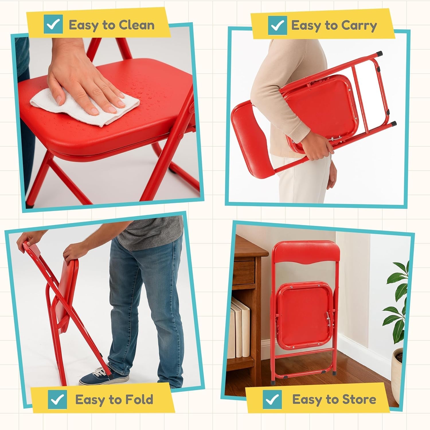 2 Pcs Kids Desk Chair Foldable with Padded Seat & Back, Metal Frame for Toddler&Children, Indoor Outdoor Portabel Use for Playroom, Bedroom, Kitchen, Folding for Easy Storage, Green+Red