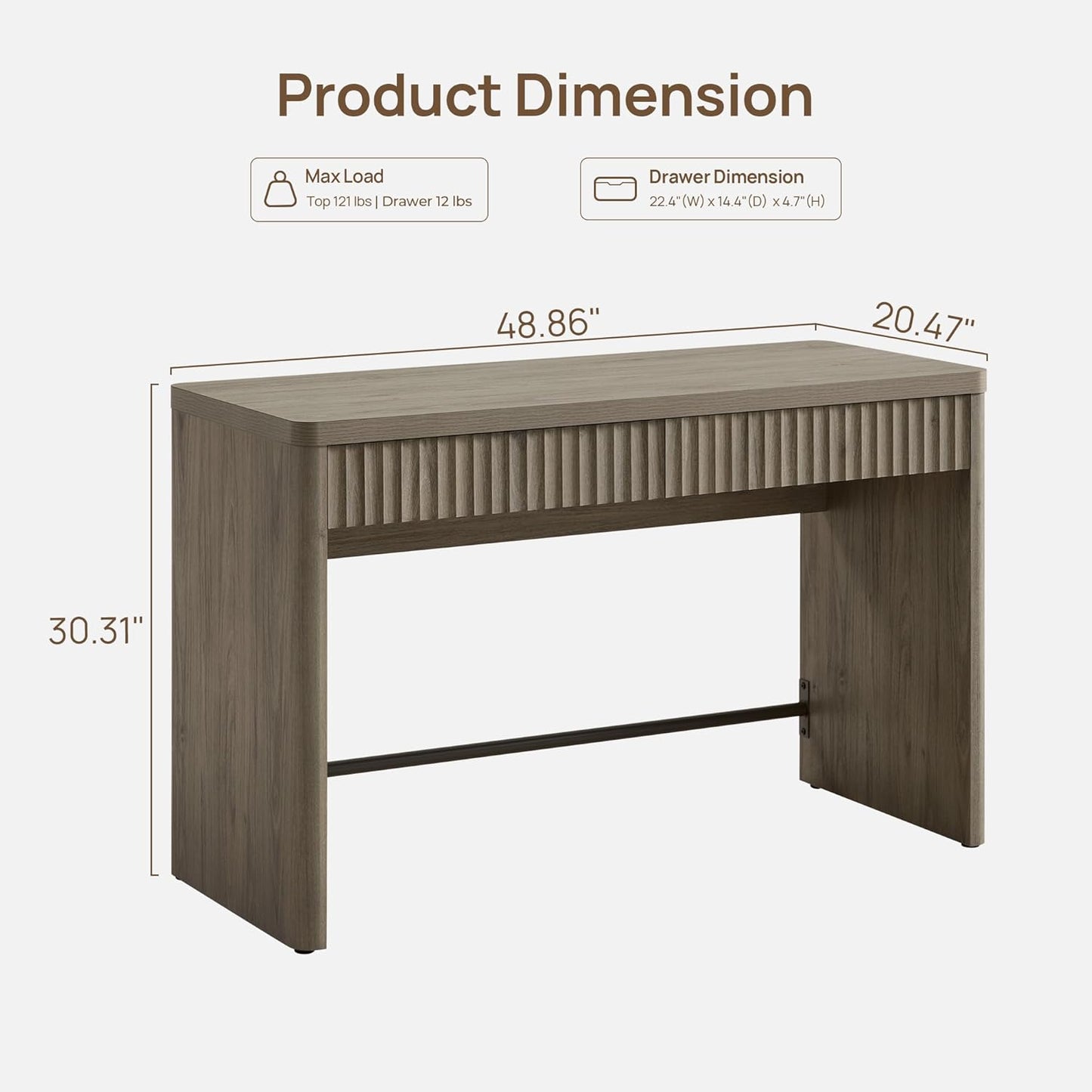 Office Computer Desk with 2 Drawers Modern Executive Writing Desk 48.8" Large Work Home Office Desks with Storage Fluted Makeup Vanity Table Study Table for Living Room Bedroom, Grey Alder