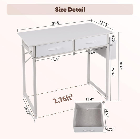 Small Computer Desk with Fabric Drawers for Small Space, 31.5 Inch Home Office Desk with Storage Bag & Metal Hanger, Sturdy Writing Desk for Students, Easy Assembly Modern Design Desk, White