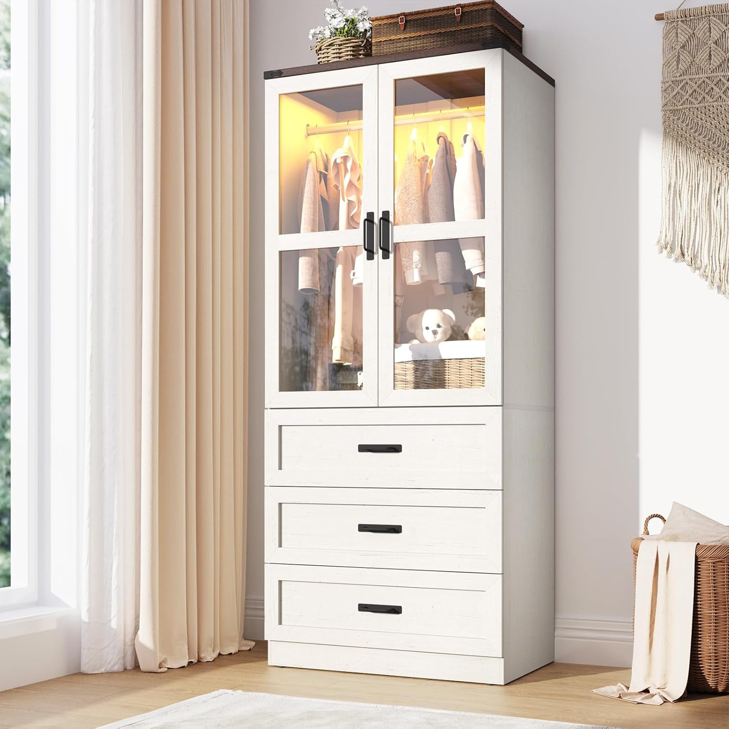 75" Tall Farmhouse 2 Doors Armoire Wardrobe Closet with 3 Drawers and Led,Freestanding Closet Wardrobe Cabinet for Bedroom with Hanging Rod,Wooden Armoire Storage Cabinet Adjustable(Rustic off White)