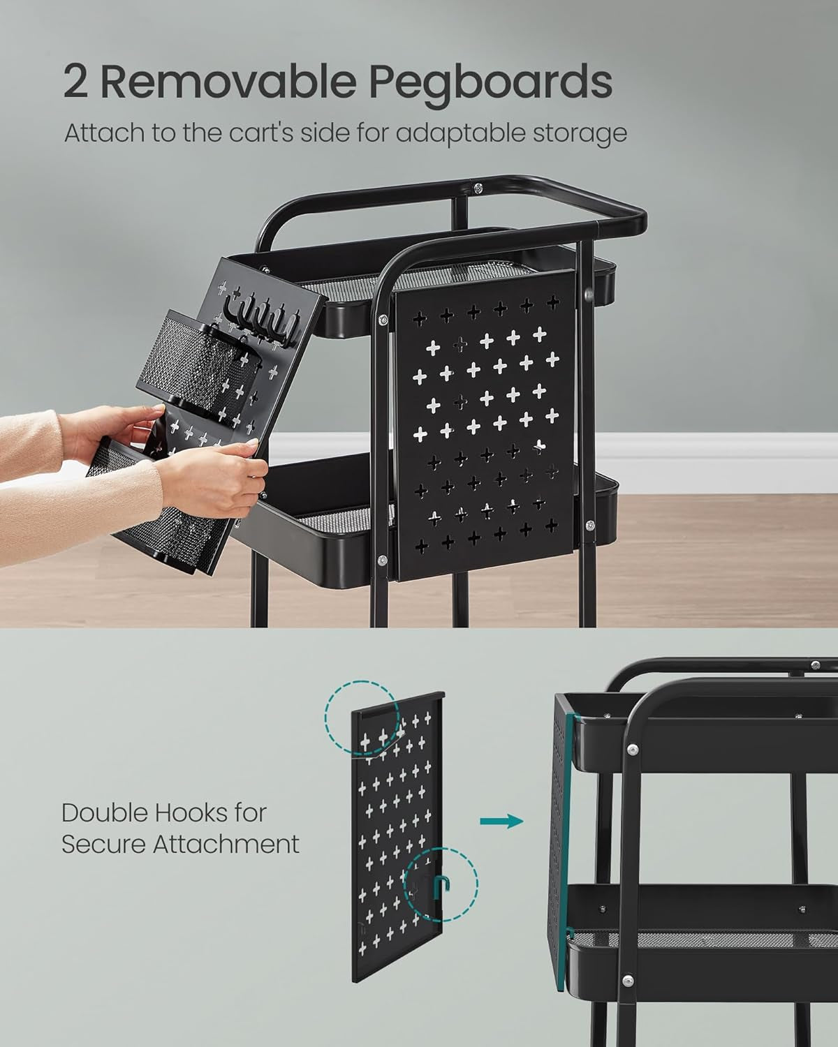 3-Tier Storage Cart, Rolling Utility Cart, Metal Mesh Shelves, 2 Removable Pegboards, 2 Hanging Holders, 4 Hooks, Craft Cart for Living Room, Kitchen, Office, Bathroom, Ink Black ULRC037B01