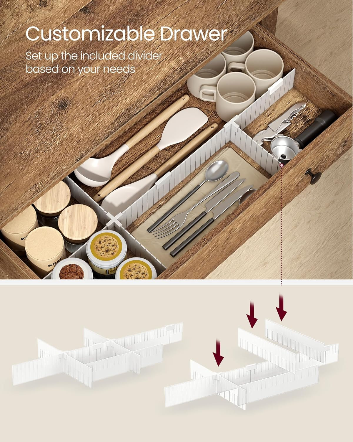 LIRY Collection - Buffet Cabinet, Coffee Bar Cabinet with 3 Drawers, Adjustable Shelves, Sideboard Storage with Cable Holes, Drawer Dividers, Rustic White and Honey Brown UBBK371W01V1