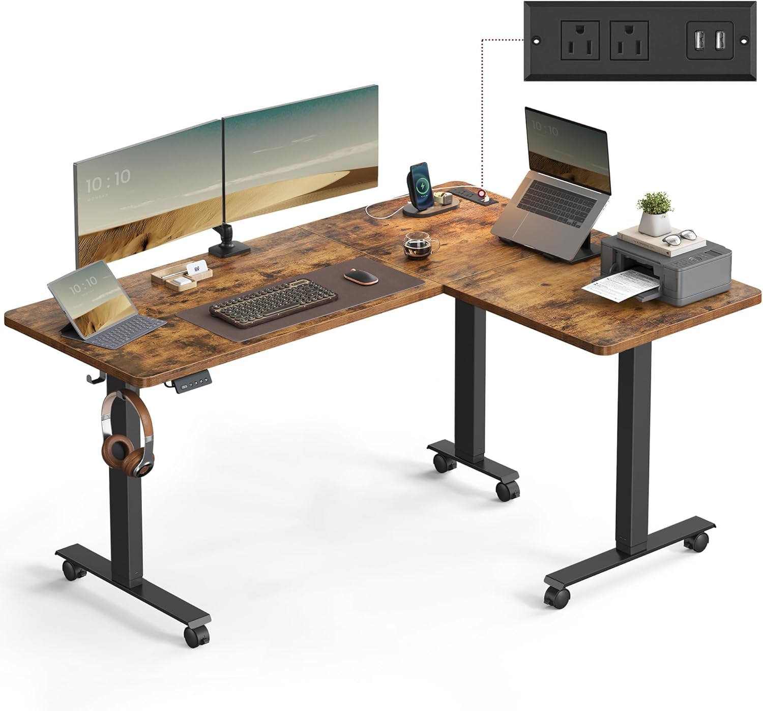 L Shaped Electric Standing Desk, 63 X 47.2 Inches, Height Adjustable Corner Desk with Power Outlets, 2 Memory Buttons, Easy to Assemble, for Home Office, Rustic Brown ULSD242K01