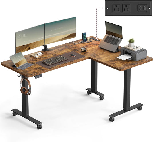 L Shaped Electric Standing Desk, 63 X 47.2 Inches, Height Adjustable Corner Desk with Power Outlets, 2 Memory Buttons, Easy to Assemble, for Home Office, Rustic Brown ULSD242K01