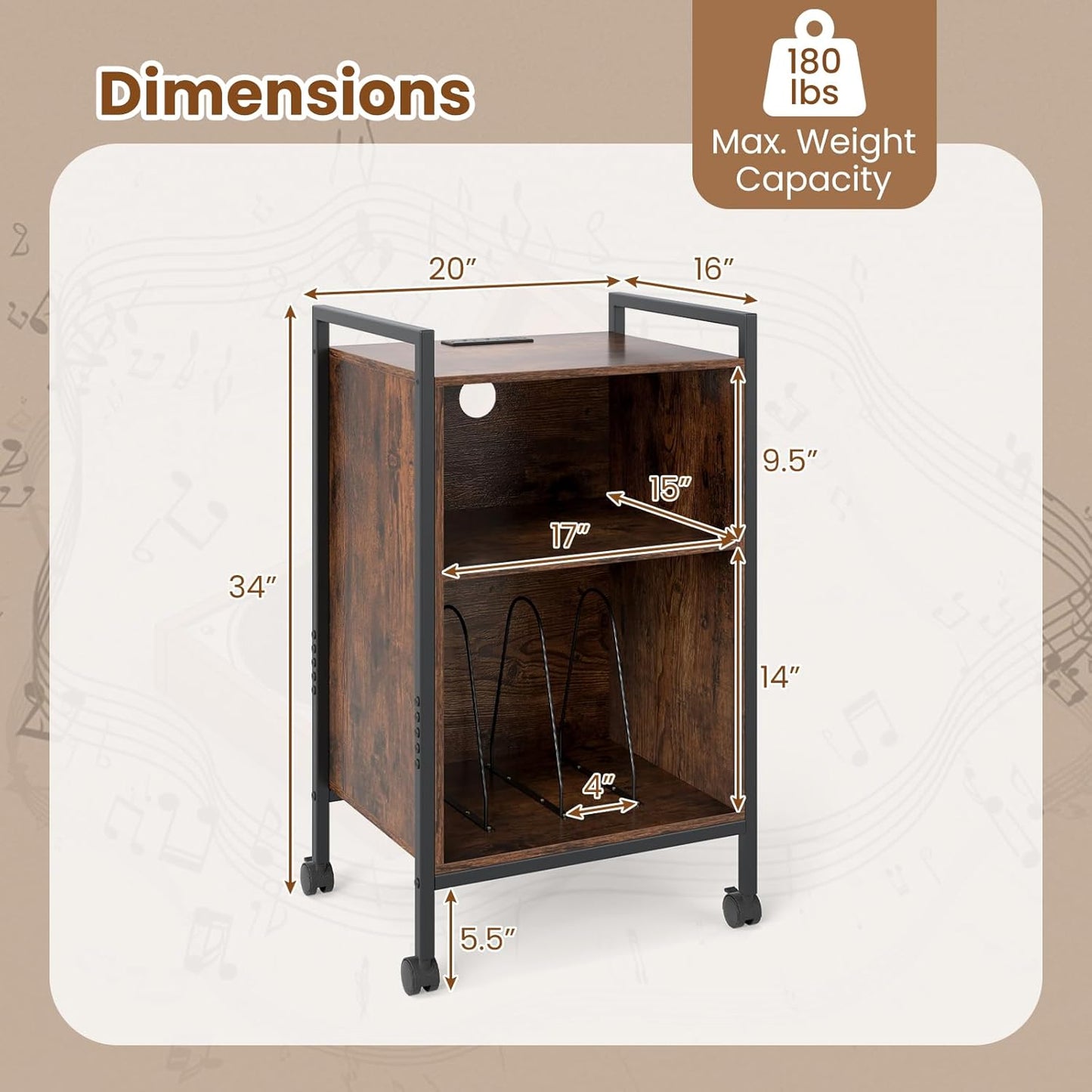 Record Player Stand with Charging Station, Mobile Turntable Stand with Record Storage & 4 Rolling Wheels, 3-Tier Vinyl Record Storage W/ Open Shelves & Dividers for Living Room, Rustic Brown