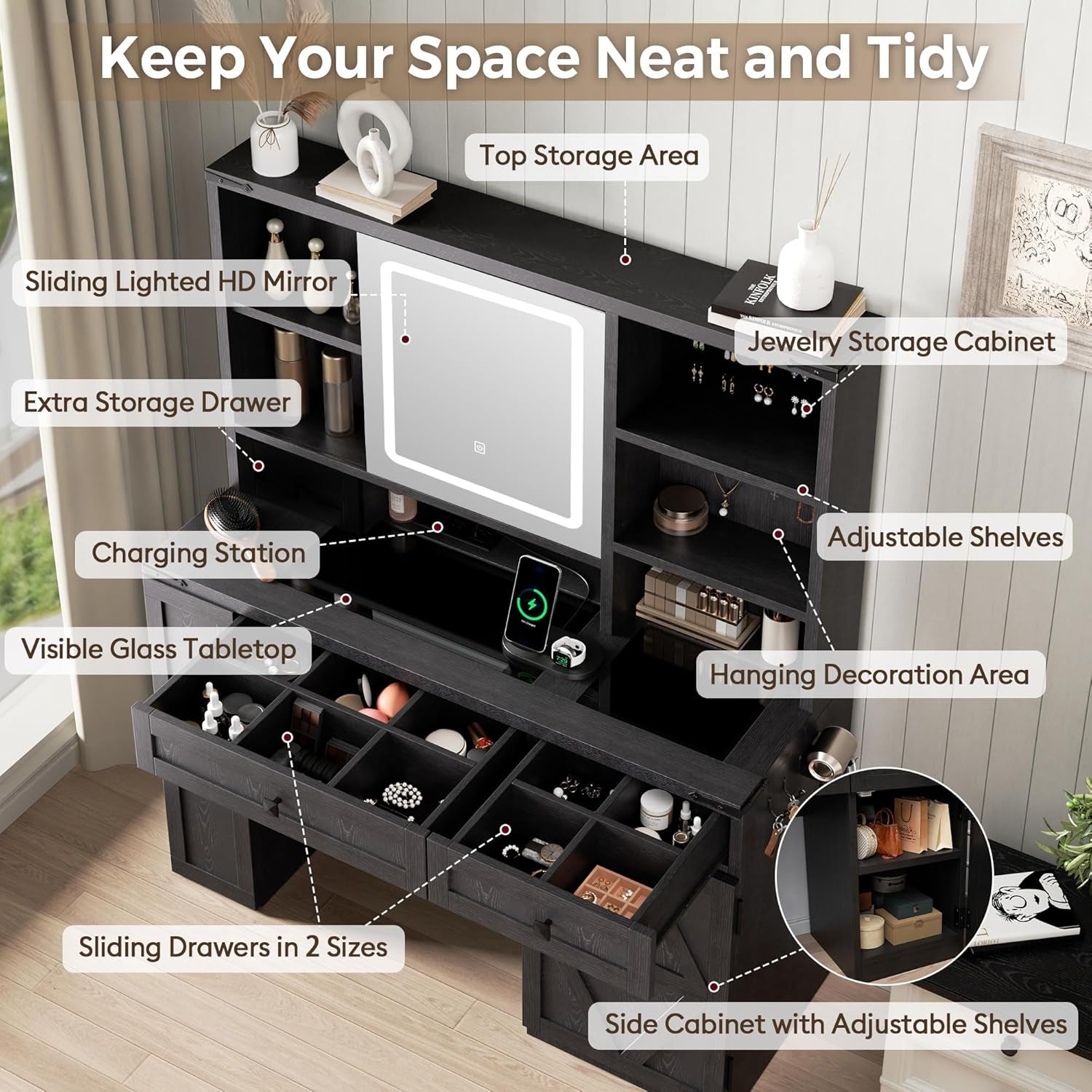 Farmhouse Makeup Vanity Desk with Sliding Mirror and Lights, Glass Desktop Makeup Vanity Desk with Charging Station, 3-Tier Hidden Slide-Out Vanity Shelves, Jewelry Storage Cabinet, 2 Drawers-Black