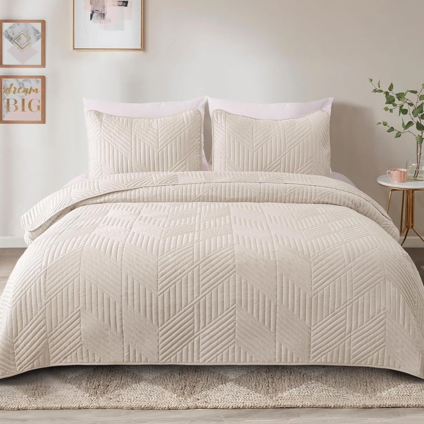 Ultrasonic King Quilt Bedding Set, Lightweight Brich Beige Bedspreads Soft Modern Geometric Coverlet Set for All Seasons (1 Quilt and 2 Pillow Shams)