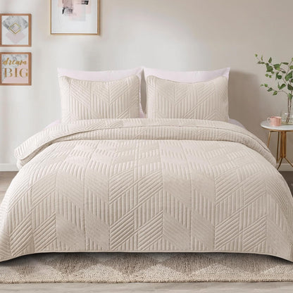 Ultrasonic King Quilt Bedding Set, Lightweight Brich Beige Bedspreads Soft Modern Geometric Coverlet Set for All Seasons (1 Quilt and 2 Pillow Shams)