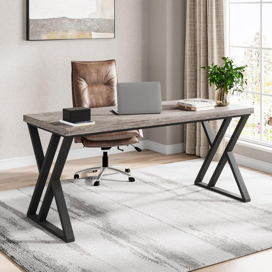 Writing Computer Desk, 55 Inch Heavy Duty Study Desk with Z-Shaped Metal Leg, Modern Simple Home Office Computer Desk, Grey