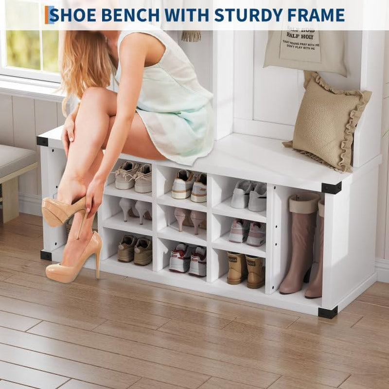 Hall Tree with Bench and Shoe Storage, 4-In-1 Tall Wood Farmhouse Entryway Bench Coat Rack, Adjustable Shelf, Open Mudroom with Metal Corner Protect, 5 Tri-Hooks for Hallway, Bedroom, White