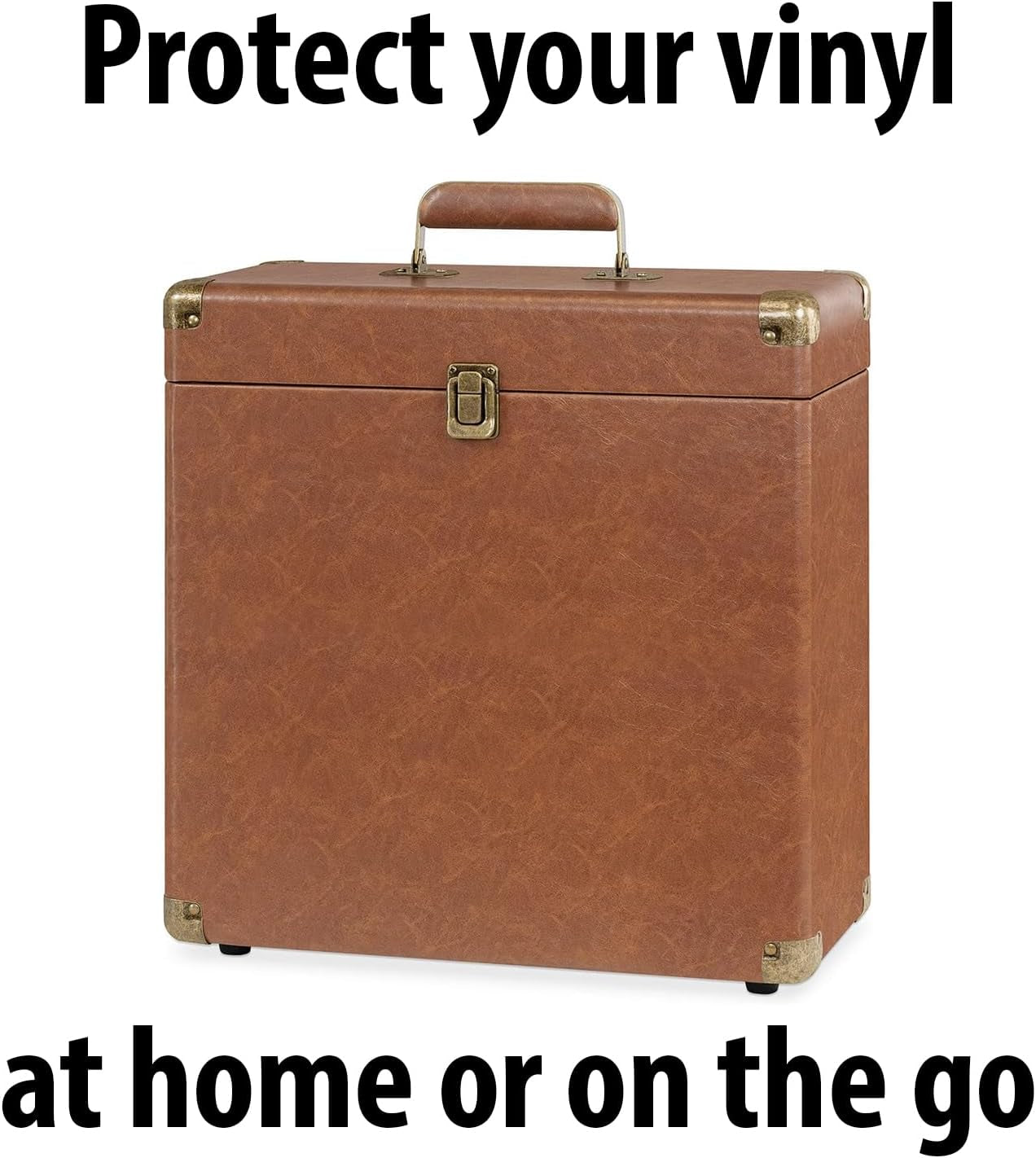 Collector – Record Storage Case – Holds 30+ Vinyl Turntable Records, Heavy-Duty Hardware, Hinges, & Smart Metal Corners, Portable with Easy-Carry Handle (Brown)
