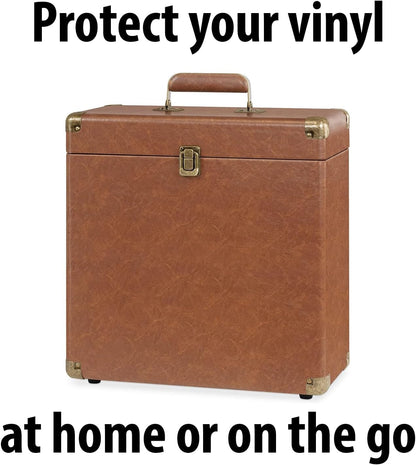 Collector – Record Storage Case – Holds 30+ Vinyl Turntable Records, Heavy-Duty Hardware, Hinges, & Smart Metal Corners, Portable with Easy-Carry Handle (Brown)