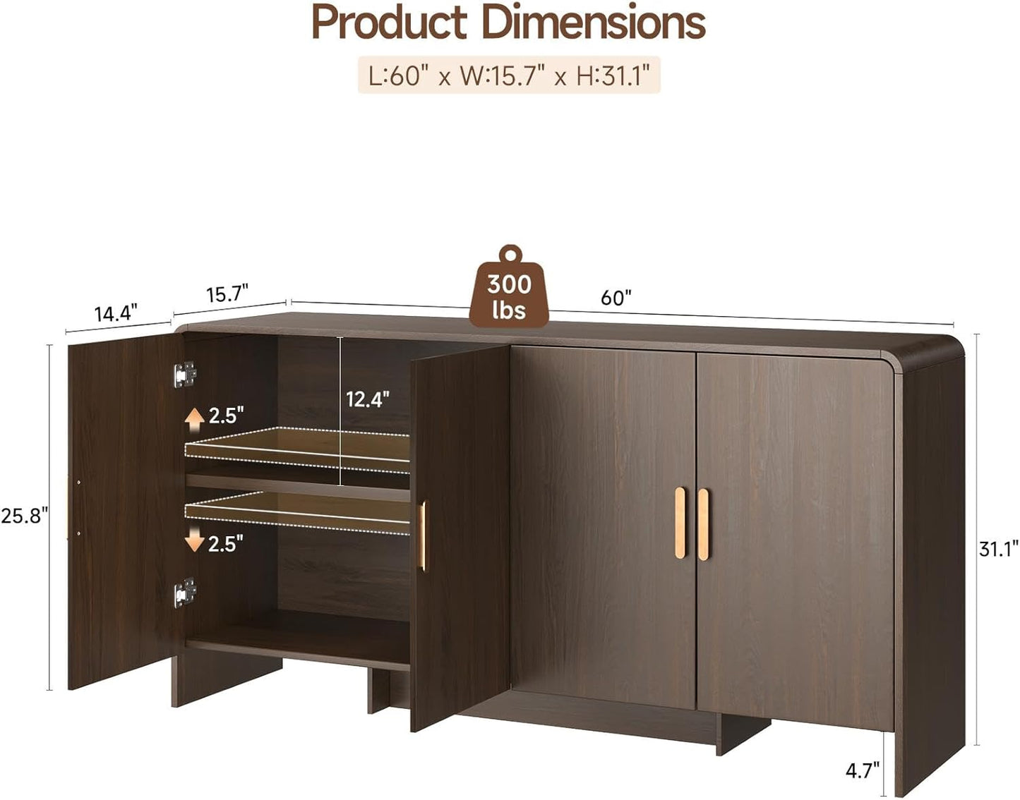 60" Sideboard Buffet Cabinet with Storage, Curved Design Farmhouse Coffee Bar Cabinet with 4 Doors & Adjustable Shelves for Living Room, Kitchen, Hallway, Walnut