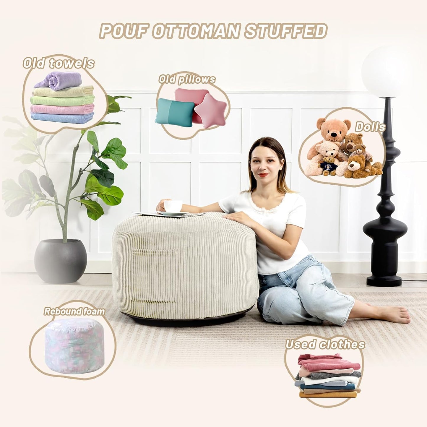 Round Stuffed Pouf Ottoman,Corduroy Foot Rest with Rebound Foam Filled, Furry and Fluffy Foot Stool Ottoman,26"*18" Floor Poufs for Living Room (Beige, 26" D X 26" W X 18" H)