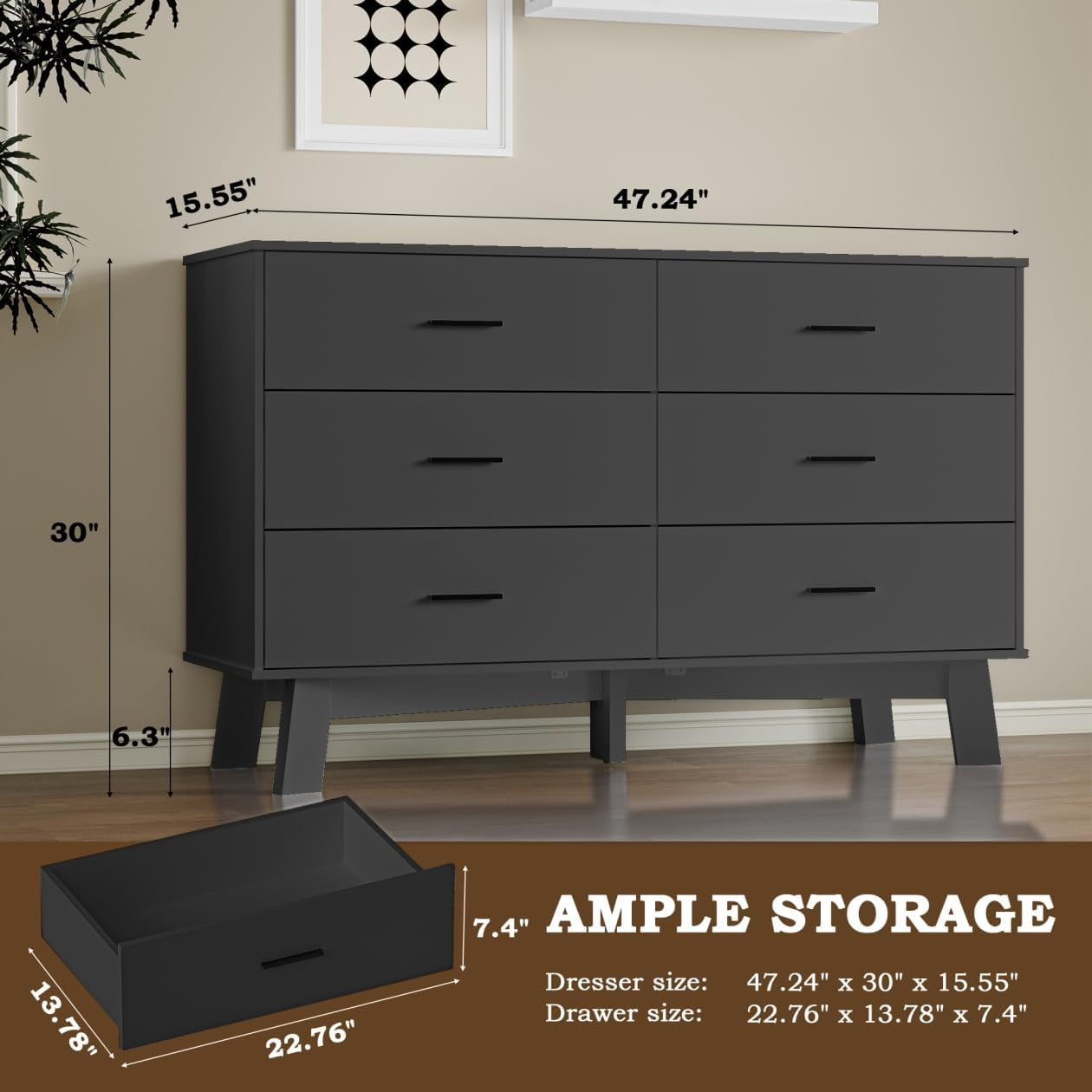 Dresser for Bedroom with 6-Drawer, 47.2" Modern Chest of Drawers with Metal Handles, X-Shape Base & Adjustable Center Leg, Anti-Tip Closet Organizers and Storage