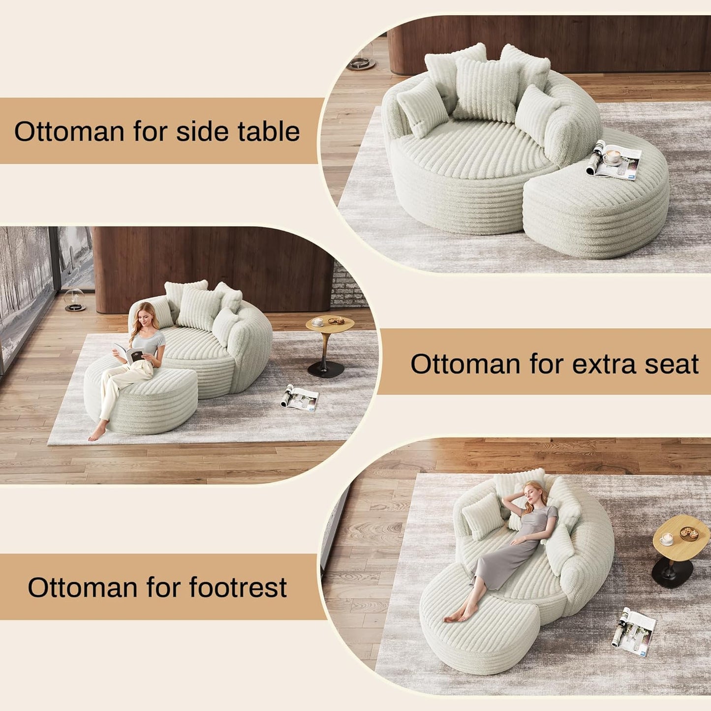 Oversized Chaise Lounge Chair Indoor with Ottoman 50.5" W X 67.0" D round Soft Corduroy Comfy Oversized Reading Chair with 5 Pillows for Living, Reading Room - Beige White